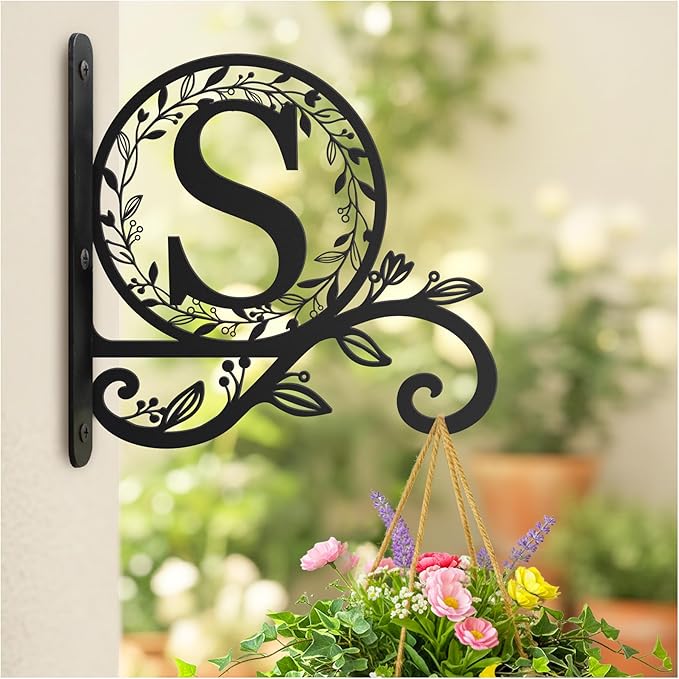 Metal Initial Letter S Plant Hanger Bracket, Decorative Wall Mount Hanging Plant Hook, Monogram Floral Leaf Garden Decor for Hanging Baskets, Bird Feeders, Lanterns, Wind Chimes