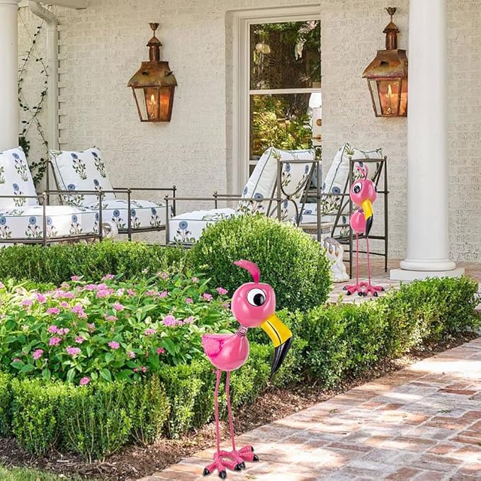 26'' Flamingo Garden Statue, Whimsical Flamingo Metal Yard Art, Pink Flamingos Bird Garden Decor Statue for Outside Yard Porch Patio Decor, Birthday for Women Mom Grandma