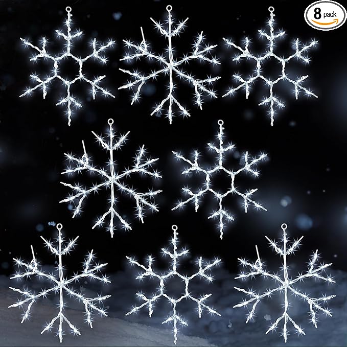 Tuanse 8 Pcs Christmas Silhouette Window Lights Christmas Snowflake Lights with Remote Control LED Lighted Snowflake Decorations Xmas for Window Wall (White)