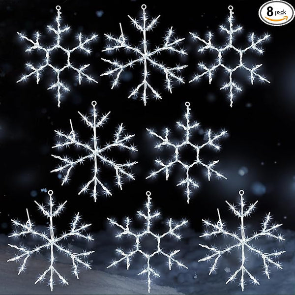 Tuanse 8 Pcs Christmas Silhouette Window Lights Christmas Snowflake Lights with Remote Control LED Lighted Snowflake Decorations Xmas for Window Wall (White)