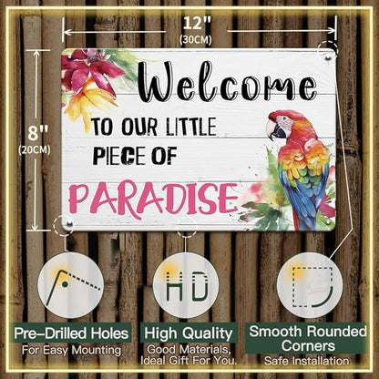YOYI ART Patio Decor Pool Decorations Outdoor Tiki Bar Signs - Welcome To Our Little Paradise Sign, Beach Metal Tin Sign, Vintage Garden, Patio, Pool, Backyard Decor Wall Art Accessories, 12 x 8 Inch