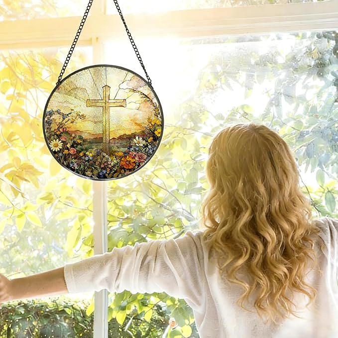 Christian Cross Flower Stained Glass Window Hanging, Wildflower Religious Cross Suncatcher Indoor Window Glass Round Wall Art Decor, 7.9x7.9 Inch