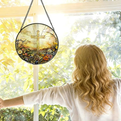 Christian Cross Flower Stained Glass Window Hanging, Wildflower Religious Cross Suncatcher Indoor Window Glass Round Wall Art Decor, 7.9x7.9 Inch