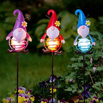 Gnome Solar Garden Lights, 22.4" H Waterproof Decorative Solar Stake Light, 3 Pcs Outdoor Statues Figurine Lights for Spring Garden Lawn Patio Yard Decoration