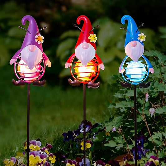 Gnome Solar Garden Lights, 22.4" H Waterproof Decorative Solar Stake Light, 3 Pcs Outdoor Statues Figurine Lights for Spring Garden Lawn Patio Yard Decoration