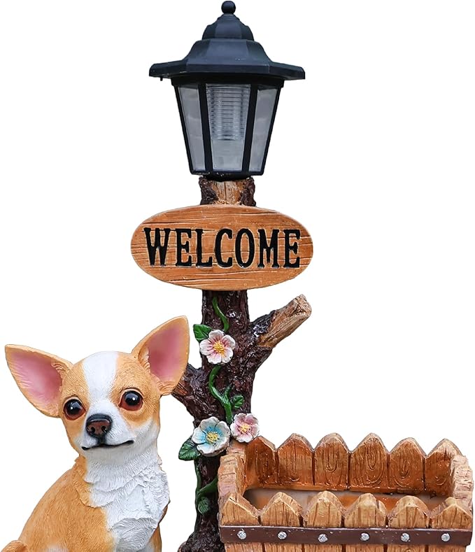 Solar Light Animal Outdoor Statue Planter with Welcome Sign, Resin Garden Sculpture Flower Pot for Patio Lawn Porch Yard Courtyard Decor, Weather-Resistant Decorative Figurine Accent (H)