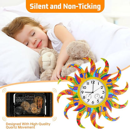 25-Inch Sun-Shaped Outdoor Clock and Thermometer Set, 10-Inch Dial, Battery Powered, Waterproof, Silent Quartz Movement (Colorful)