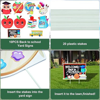 10-Piece Set Back to School Yard Signs with Stakes, Assorted Apple, Owl, and School Bus Designs for Outdoor Garden and Lawn Decoration, 11.7 x 11.8 Inches Plastic Signs for Welcome School Party Favor