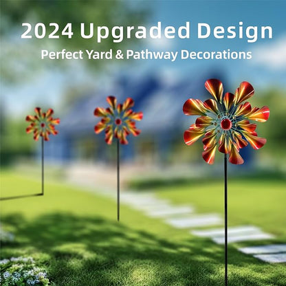 Outdoor Wind Spinner with Garden Stake 88.58" Metal Two-Way Wind Sculptures Solar Color Changing Lights Large Windmills for Garden,Patio,Yard,Lawn Decor Gifts Trumpet