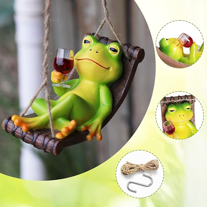 HUNTHAWK Funny Frog Statue Garden Hanging Decor, Wine Drinking Frog on Hammock Figurine, Cute Outdoor Yard Ornament for Patio, Fence, Balcony, Porch, Lawn & Garden Decoration Gift