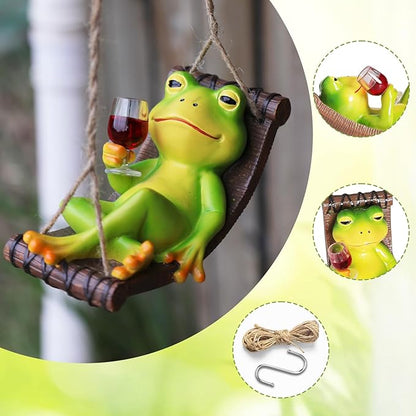 HUNTHAWK Funny Frog Statue Garden Hanging Decor, Wine Drinking Frog on Hammock Figurine, Cute Outdoor Yard Ornament for Patio, Fence, Balcony, Porch, Lawn & Garden Decoration Gift
