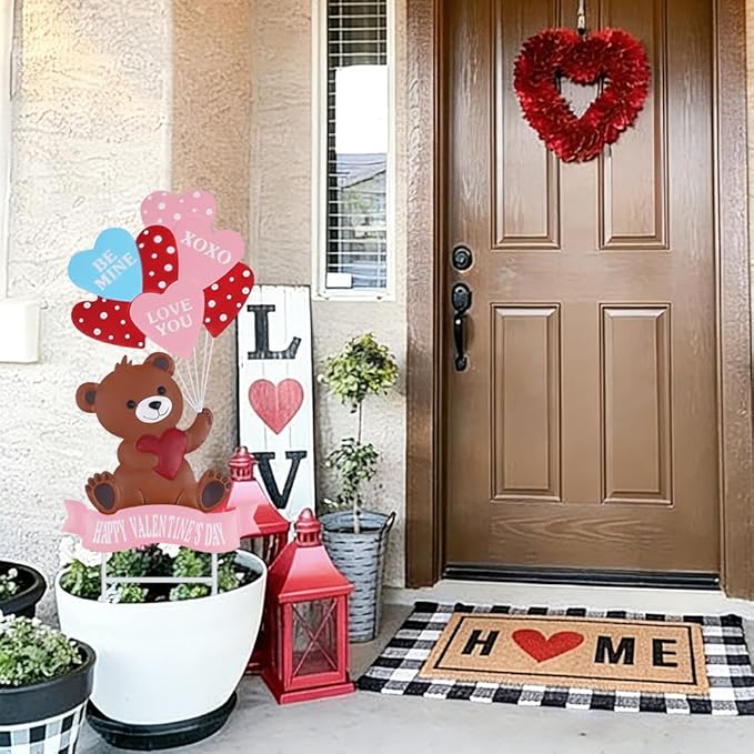 YEAHOME Valentines Day Decorations Outdoor, Metal Bear Decorative Garden Stakes with Love Balloon for Valentines Day Decor, Happy Valentine's Day Yard Signs for Home Porch Lawn Wedding Anniversary