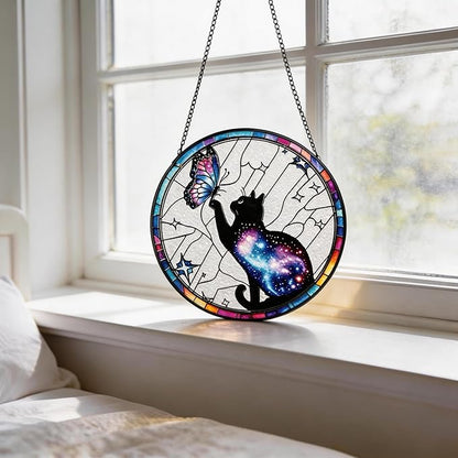 Stained Glass Sun Catcher,Cat and Butterfly Glass Window Hanging Garden Decor,Sun Catchers Indoor Window,Whimsical Decoration for Home Backyard Patio Lawn Porch with 9.8 INCH