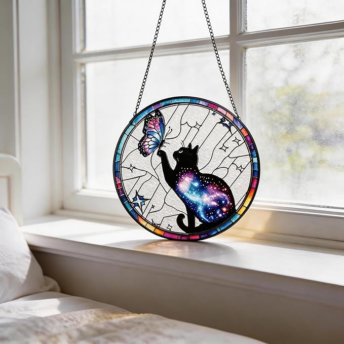 Stained Glass Sun Catcher,Cat and Butterfly Glass Window Hanging Garden Decor,Sun Catchers Indoor Window,Whimsical Decoration for Home Backyard Patio Lawn Porch with 7.9 INCH