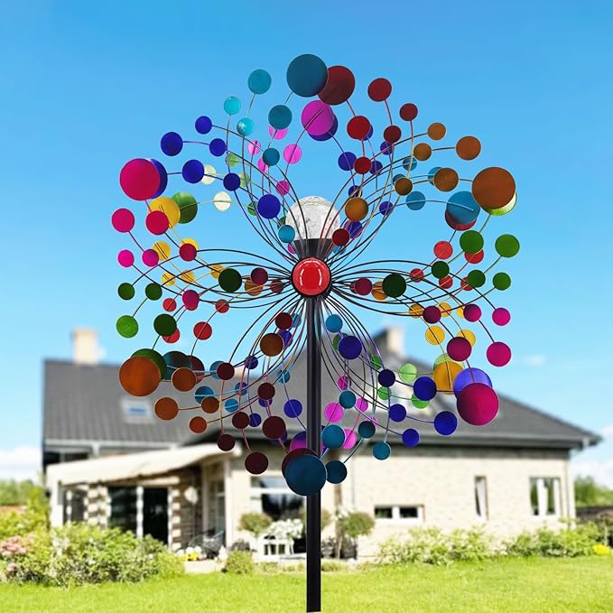 Outdoor Wind Spinner with Garden Stake 88.58" Metal Two-Way Wind Sculptures Solar Color Changing Lights Large Windmills for Garden,Patio,Yard,Lawn Decor Gifts Round