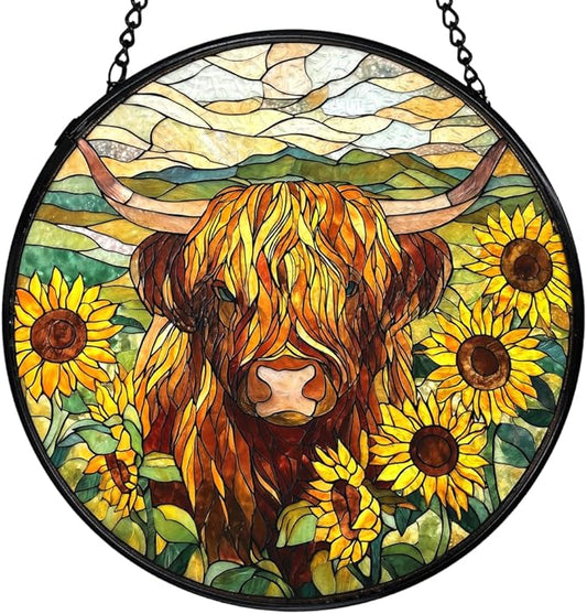 Highland Cow Decor, Sunflower Suncatchers Stained Glass Window Hanging, Western Highland Cow Flower Sun Catchers Indoor Window Glass Round Wall Decor 7.9x7.9in