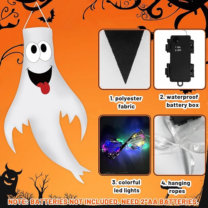 Halloween Decorations Outdoor Indoor, 2 Pack Light Up Ghost Decorations with LED Lights, Hanging Ghost Halloween Decor for Yard Porch Garden Lawn Party (2B-2Pack)