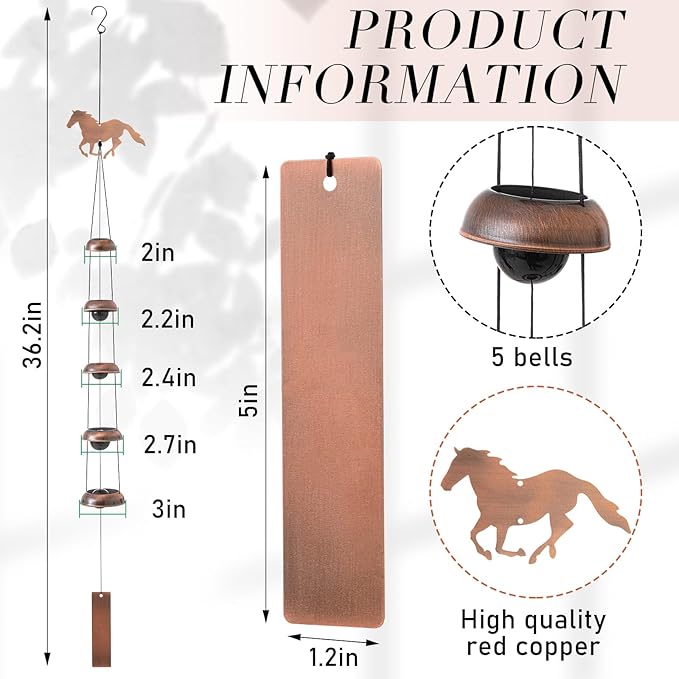 Geelin Horse Wind Chimes for Outside Memorial Gift for Women Men, 36" Copper Metal Wind Chime for Garden Front Yard Patio Decor, Memorial Housewarming Birthday Festival Gifts for Horse Lovers