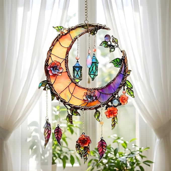 Crescent Moon Acrylic Suncatcher, Boho Suncatchers for Window Hanging Ornament, Stained Glass Effect Art Garden Decor for Moon Lover, Gifts for Mother's Day, Mom, Grandma, Wife, Women, Nana