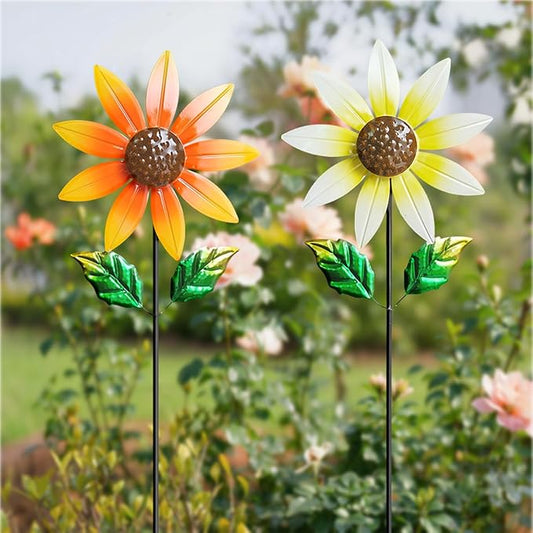 2 Pack Metal Wind Spinners for Outdoor Decor - Garden Windmill Sculptures, Yard Art for Patio Lawn - Vibrant White Daisies & Orange Sunflowers Metal Spinners for Garden Decorations