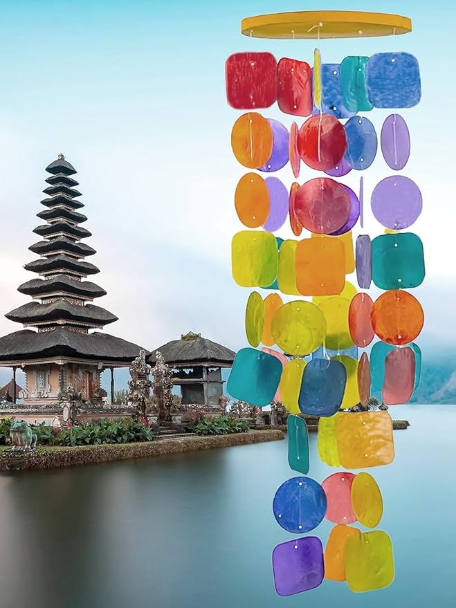 Bellaa Wind Chimes Outdoor, Garden Decorations, Musical, Indoor/Outside Windchimes, Beach, Ocean, Breeze, Gifts for Mom, Gift for All Occasions, Capiz Sea Glass Shells Wood Retro Rainbow