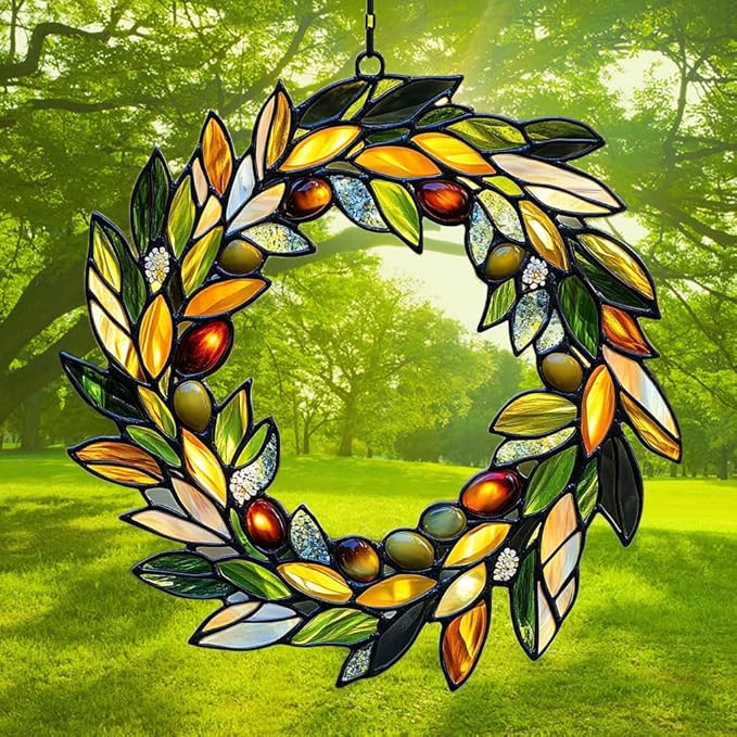 Mistletoe Wreath Acrylic Suncatcher Stained Glass Effect Window Car Hanging Christmas Ornament Indoor Outdoor Decor Garden Sun Catcher Panel for Christmas Lover for Women Mom Grandma