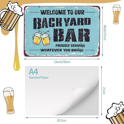 Welcome to Our Backyard Bar Sign 12 x 8 Inch Metal Sign Vintage Metal Banner Funny Welcome Hanging Bar Terrace Wall Decoration for Outdoor Patio Porch Pool Outdoor Wall Decor (Blue)