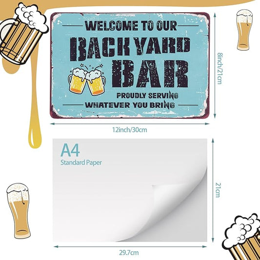 Welcome to Our Backyard Bar Sign 12 x 8 Inch Metal Sign Vintage Metal Banner Funny Welcome Hanging Bar Terrace Wall Decoration for Outdoor Patio Porch Pool Outdoor Wall Decor (Blue)