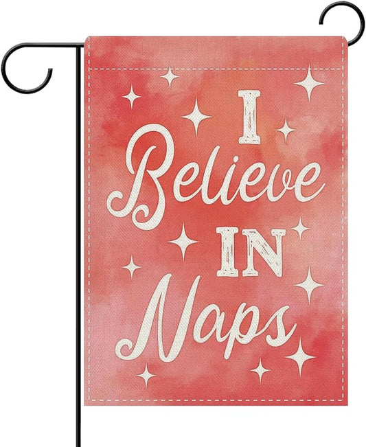 Dyrenson I Believe in Naps Pink Decorative Garden Flag, Watercolor Relaxation Yard Outside Home Decoration Nap Lover Gift, Funny Burlap Outdoor Small Decor Double Sided 12 x 18