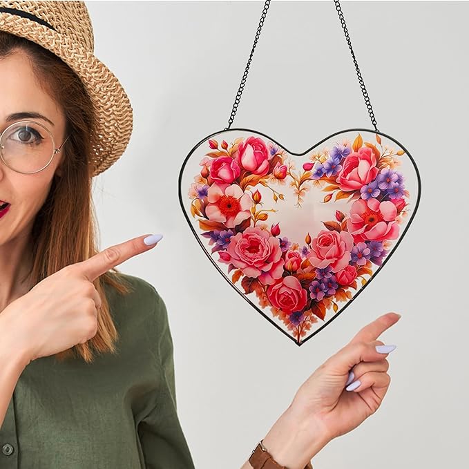 Heart - Shaped Pink Rose Stained Glass Window Hanging, 25cm/9.8in Sun Catcher for Home Garden Decor, Gift for Valentine's Day, Mother's Day (Rose)