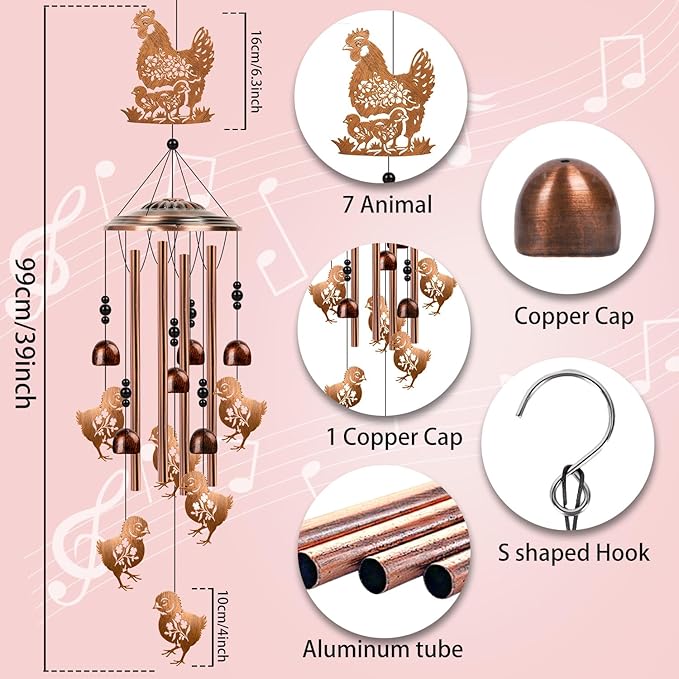 Chicken Wind Chimes for Outside - Chicken Gifts Rooster Hen Decor for Women Men, Birthday Housewarming Christmas Mothers Day Present, Metal Memorial Wind Chimes for Outdoor Garden Decor