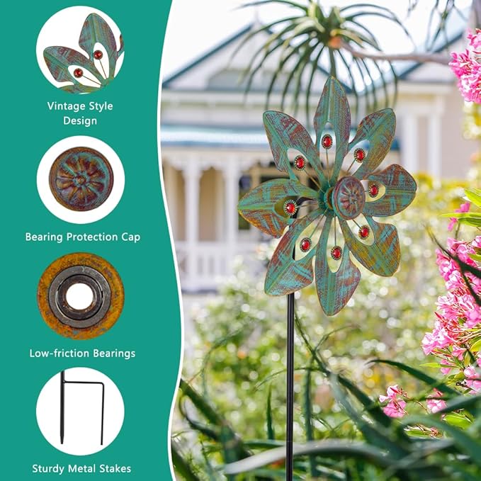 VEWOGARDEN 2 Pack Wind Spinners Outdoor, Metal Wind Spinner with Flower Design for Yard Garden Lawn Decorations, Copper Green