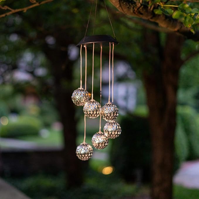 Solar Metal Orb Wind Chime Mobile - Rainbow Color Changing LED Lights, Outdoor, Weather Resistant - for Home, Garden, Decoration, Trees, Patio, Deck