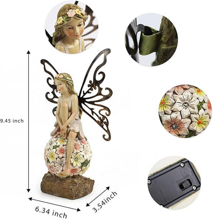 Suyorpe Flower Fairy Garden Decor,Garden Fairy Statues Outdoor,Solar Powered Outdoor Fairy Figurine Accessories,Patio Lawn Yard Porch, Resin Ornaments for Outside Gifts,9.45 Inches Tall