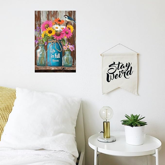 Flowers-Sign Metal-Poster Wall-Art Bird-Décor, Life in Full Bloom, Yard Garage Farm Outside Garden Plaque Outdoor for Home Fence 8 X 12 Inch