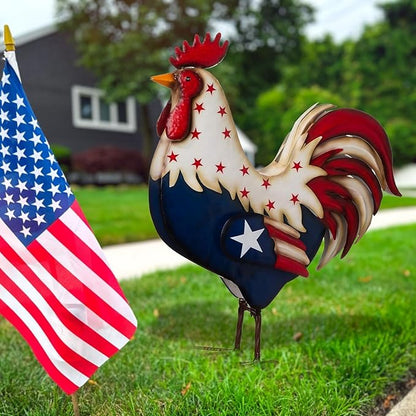 12 Inch Patriotic Metal Rooster Yard Decor 4th of July Outdoor Decorations 2D American Flag Red White and Blue Chicken Statue Iron Yard Sign for Garden Porch Independence Day Home Decor