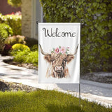 Welcome Pink Floral Highland Cow Garden Flags 12×18 Inch Double Sided Decorative Yard Banner Seasonal Flag for Outdoor Outside Decor