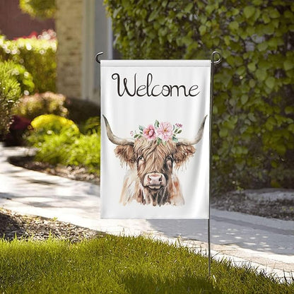 Welcome Pink Floral Highland Cow Garden Flags 12×18 Inch Double Sided Decorative Yard Banner Seasonal Flag for Outdoor Outside Decor