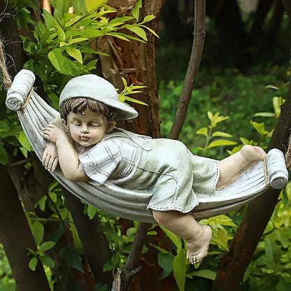 TY&WJ Boy Girl On Swing Garden Ornaments,Romantic Lovers Outdoor Statues,Weather-Resistant Hanging Sculpture for Yard Lawn Tree Decoration Stone Finish (Color : Boy)