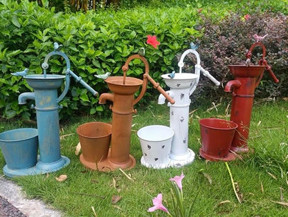 Vintage Garden Water Pump Decor, Rustic Wrought Iron Bird Bath, Red, Blue, White, Rust, Outdoor Yard Decor, Height 22 Inches (Blue)