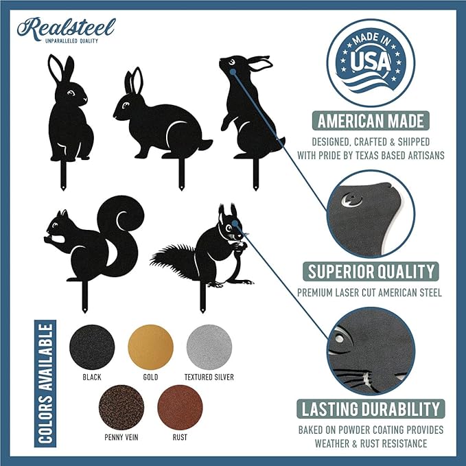 RealSteel Metal Garden Animal Sculptures & Statues – Bunny & Squirrel Yard Art Stake Pack – Outdoor Lawn & Flowerbed Decor – Weather-Resistant Steel Garden Decorations – Gift for Gardeners – Black