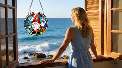 Funoasis Valentine's Day Stained Glass Suncatcher - 6.3 Inches Cupid Heart Gnome Ornament Window Hanging Decor for Home and Lover Gift