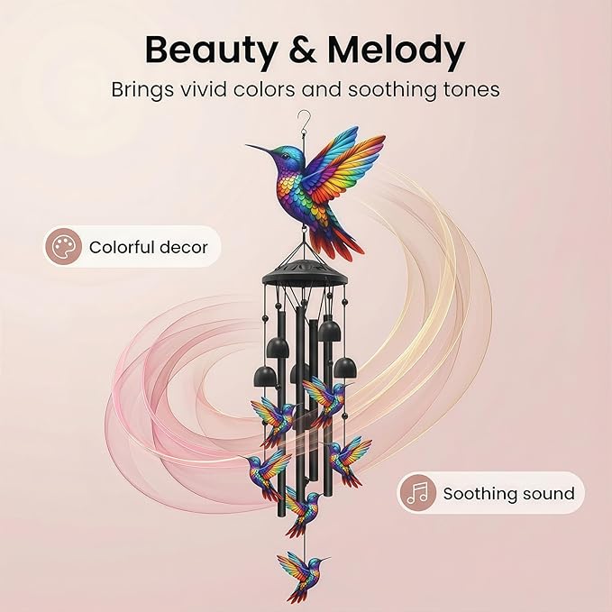 Outdoor Hummingbird Wind Chimes: Colorful Metal Commemorative Gifts of 7 Handmade Hummingbirds, Soothing Melodies in Gardens, Courtyards, and Terraces