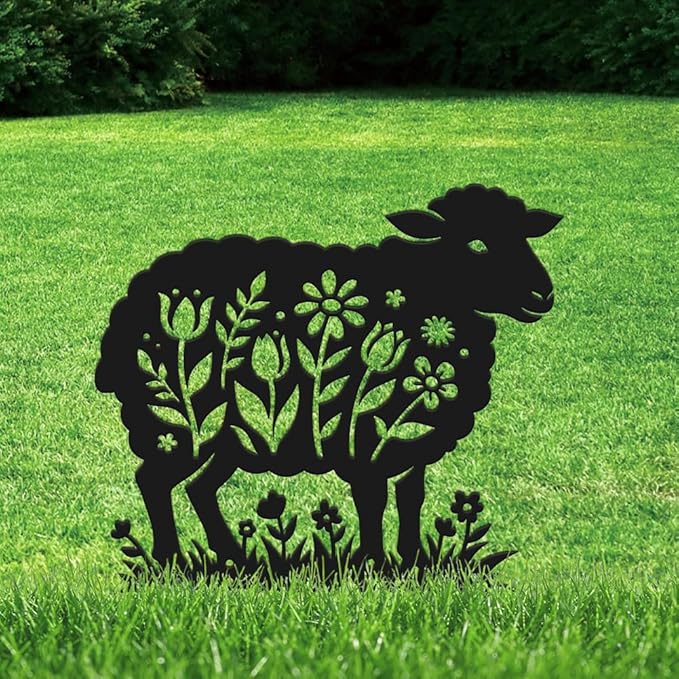 SUPERDANT 1Pc Large Metal Sheep Lawn Ornament Decorative Garden Yard Stakes Sign Black Iron Flower Cutout Animal Silhouette For Outside Farm Pathway Farmhouse Decoration Gift