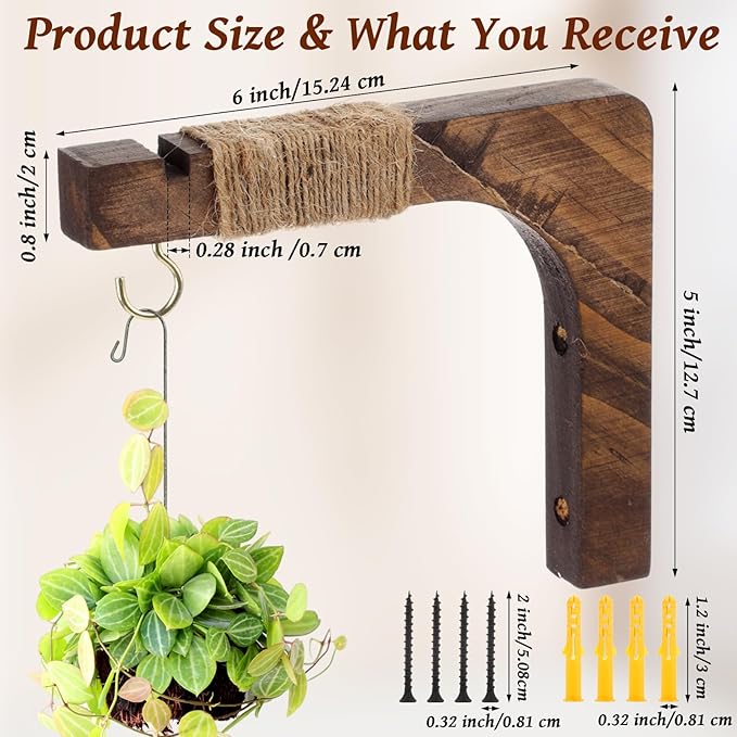 Geelin 4 Pack Wooden Plant Hanger for Wall Mounted Plant Hooks Outdoor Indoor Hanging 6 Inch Farmhouse Hanging Basket Hooks for Garden Home Wall Decoration, L x H x T: 6 x 5 x 0.8inch(Walnut)