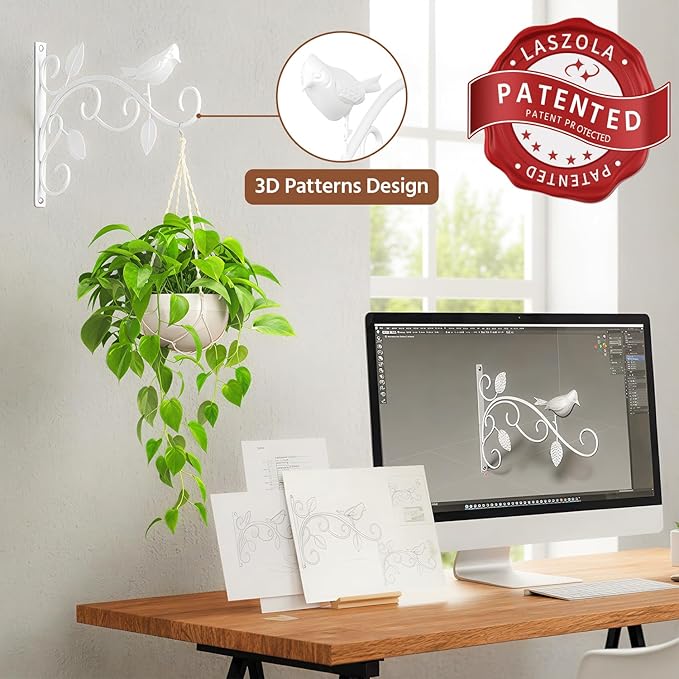 LASZOLA 4 Pack 12 Inch Hanging Plant Brackets, Heavy Duty Iron Wall Hooks with Decorative Bird and Leaf, Rust Proof Metal Outdoor Fence Hangers for Bird Feeders, Planters, Wind Chimes, Lanterns, White