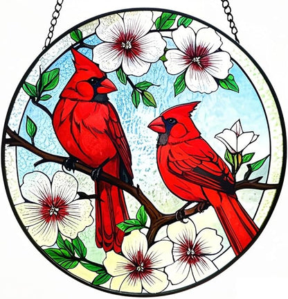 Cardinal Stained Glass,Red Bird Suncatcher for Window,7.8" Stained Glass Window Hanging,Cardinal Gift for Women,Hanging Stained Glass Home Decor