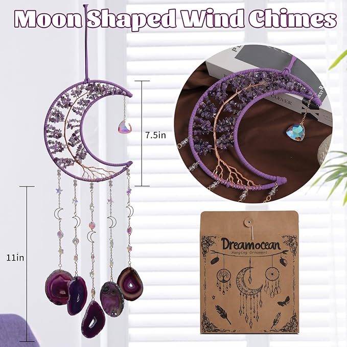 Amethyst Crystal Wind Chimes, Dreamocean Crystal Tree of Life Dream Catchers Moon Large Dream Catcher Wall Window Hangings Decor Gifts for Girls Adult Bedroom Home Decortion