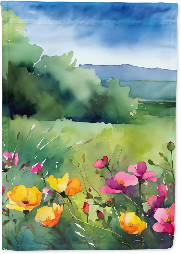 Caroline's Treasures North Dakota Wild Prairie Roses in Watercolor House Flag Large Porch Sleeve Pole Decorative Outside Yard Banner Artwork Wall Hanging, Polyester, House Size, Multicolor