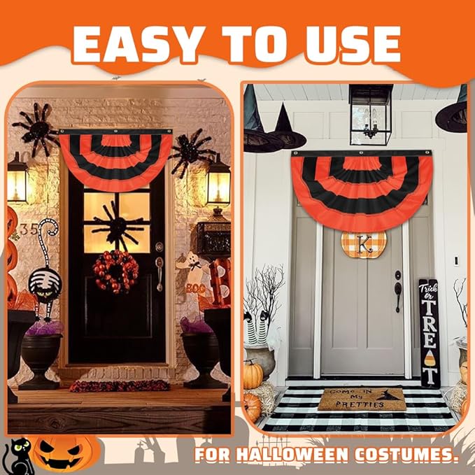 Halloween Bunting Flag 2 x 4 ft Fully Sewn Orange & Black 5 Stripe with 3 Grommets Pleated Half Fan Flag Bunting Banner Trick or Treat Halloween Decor Outside Porch Garden Outdoor Yard Indoor Home